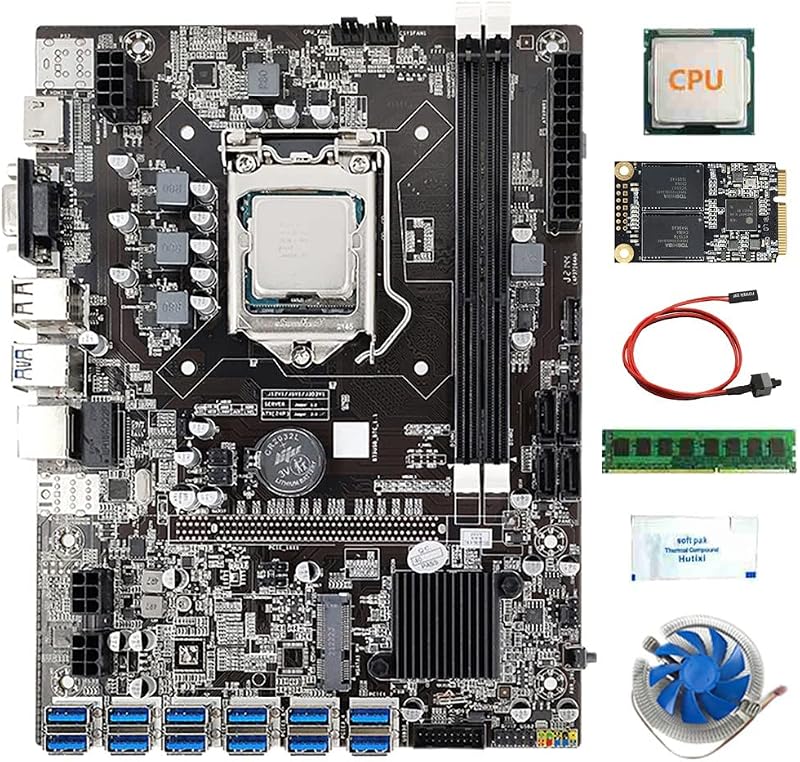 Tsadeer B75 Motherboard 12 USB3.0 BTC Mining LGA1155 DDR3 4G RAM SSD CPU Fan