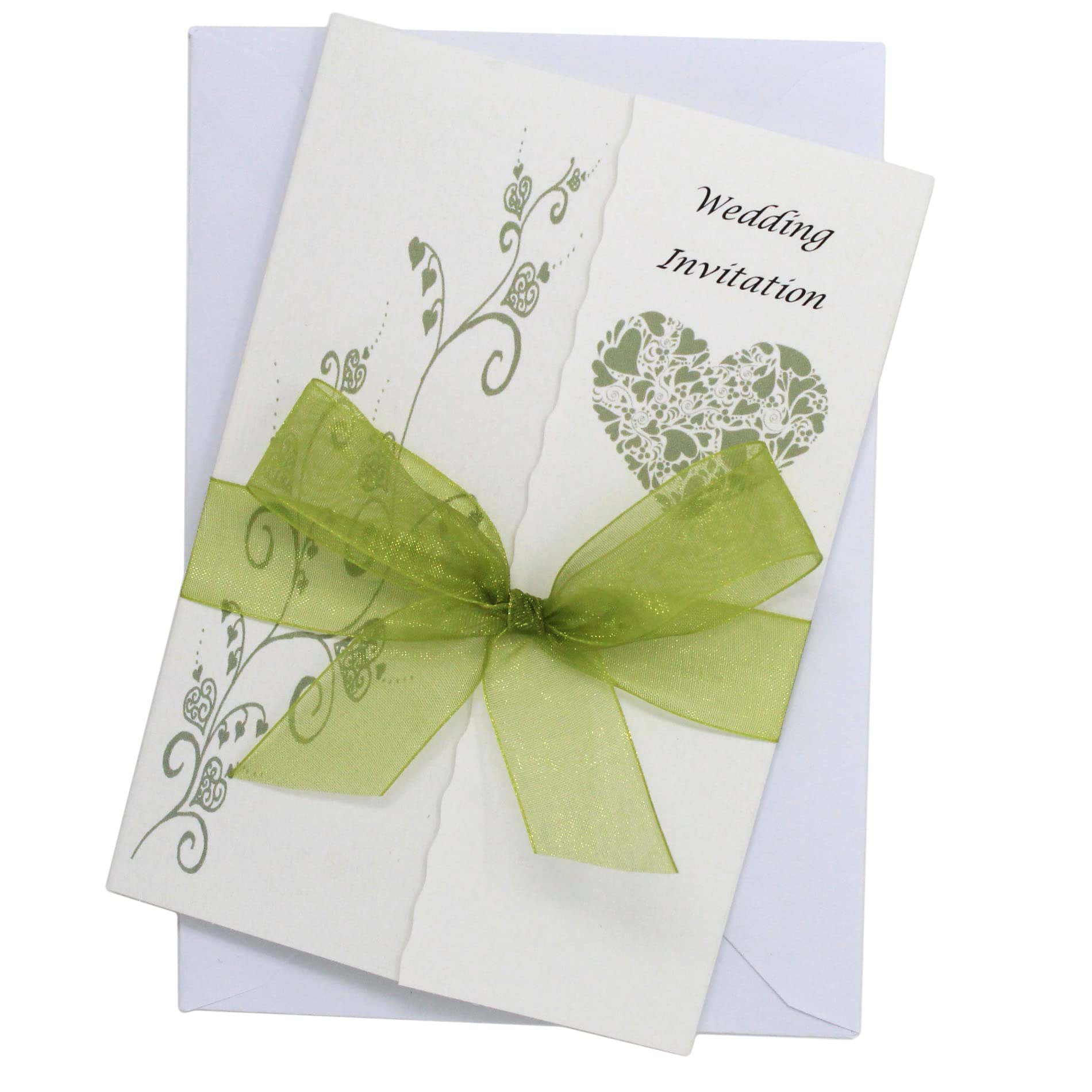 Pack of 10 Olive Green Wedding Invitations with ribbon and envelopes- Gatefold style!