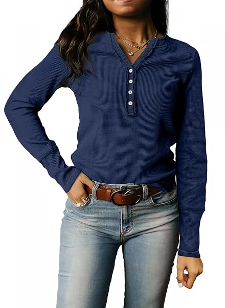 ACELITT WOMENS BLUE WAFFLE KNIT TUNIC TOPS FALL 2024 CASUAL LOOSE LONG SLEEVE BUTTON DOWN V NECK HENLEY SHIRTS X-LARGE