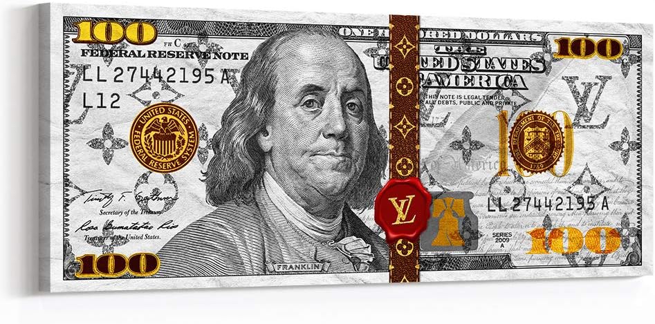 Inktuitive 'Louis Stacks' Inspirational Wall Art | Couture 100 Dollar Bill Canvas Print | Motivational Décor for Bedroom, Living Room & Business Office | 48 x 20 Inches