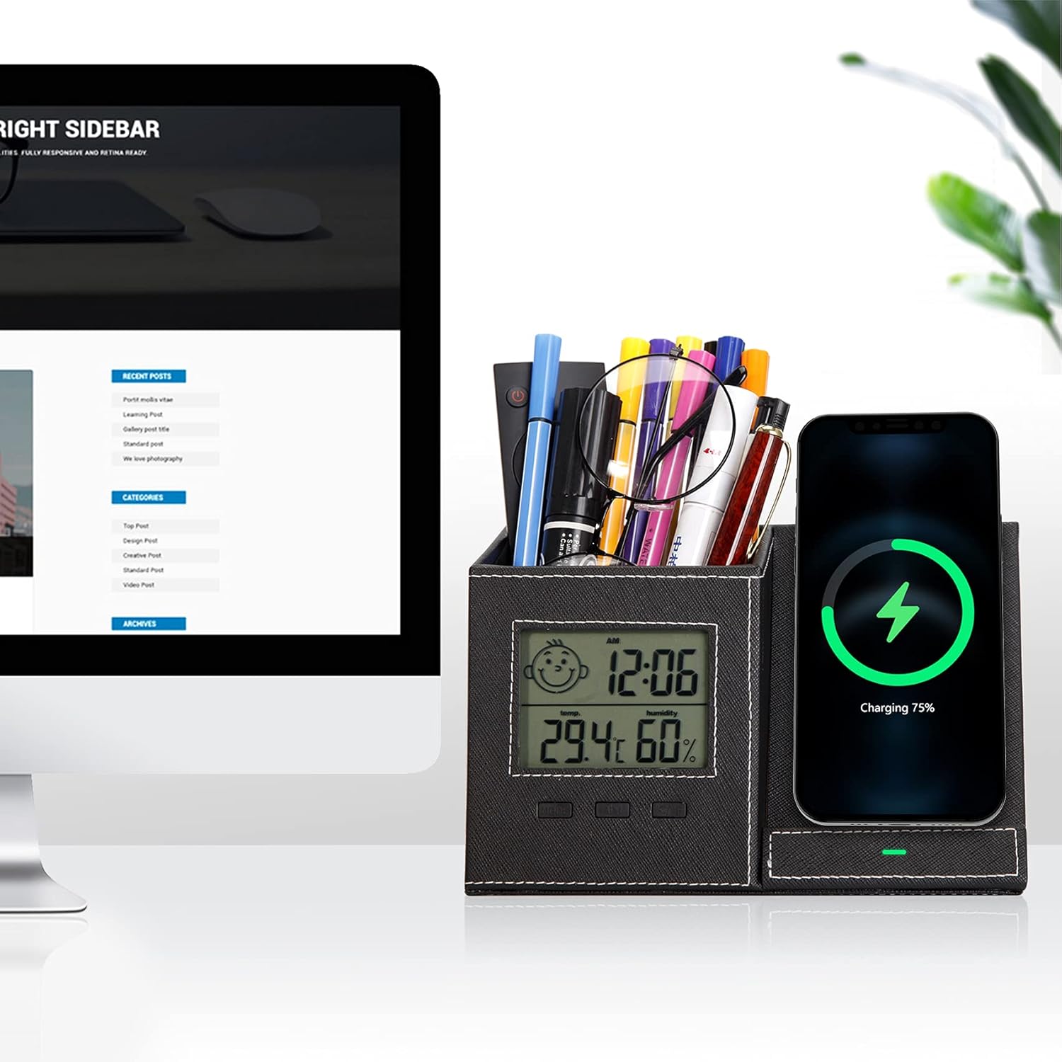 Desk Organizer with Pen Holder, Wireless Charger, Digital Indoor Thermometer and Humidity Gauge, Desk Storage and Supplies, Home Office Organizers for Desk (Battery Included): Home Improvement