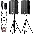 NBVOICE PA Bluetooth Speaker 15" (Pair) Bundle with 2X Steel Speaker Stand,Dual Speaker PA System, Active+Passive DJ/PA Speakers Package with Mic,Support Guitar/USB/FM/AUX for Theatre, Concert Hall