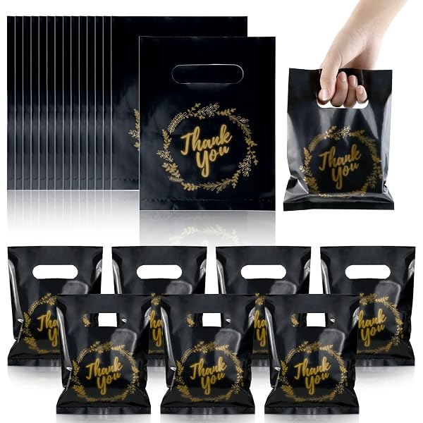 50 Pack Die Cut Plastic Shopping Bags With Thank You Logo 9X12 Merchandise Bags