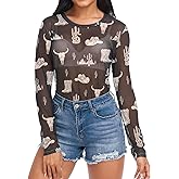 JULYTO Women's Mesh Long Sleeve Top Trendy Sheer Tops See Through Shirt Tops S-2XL