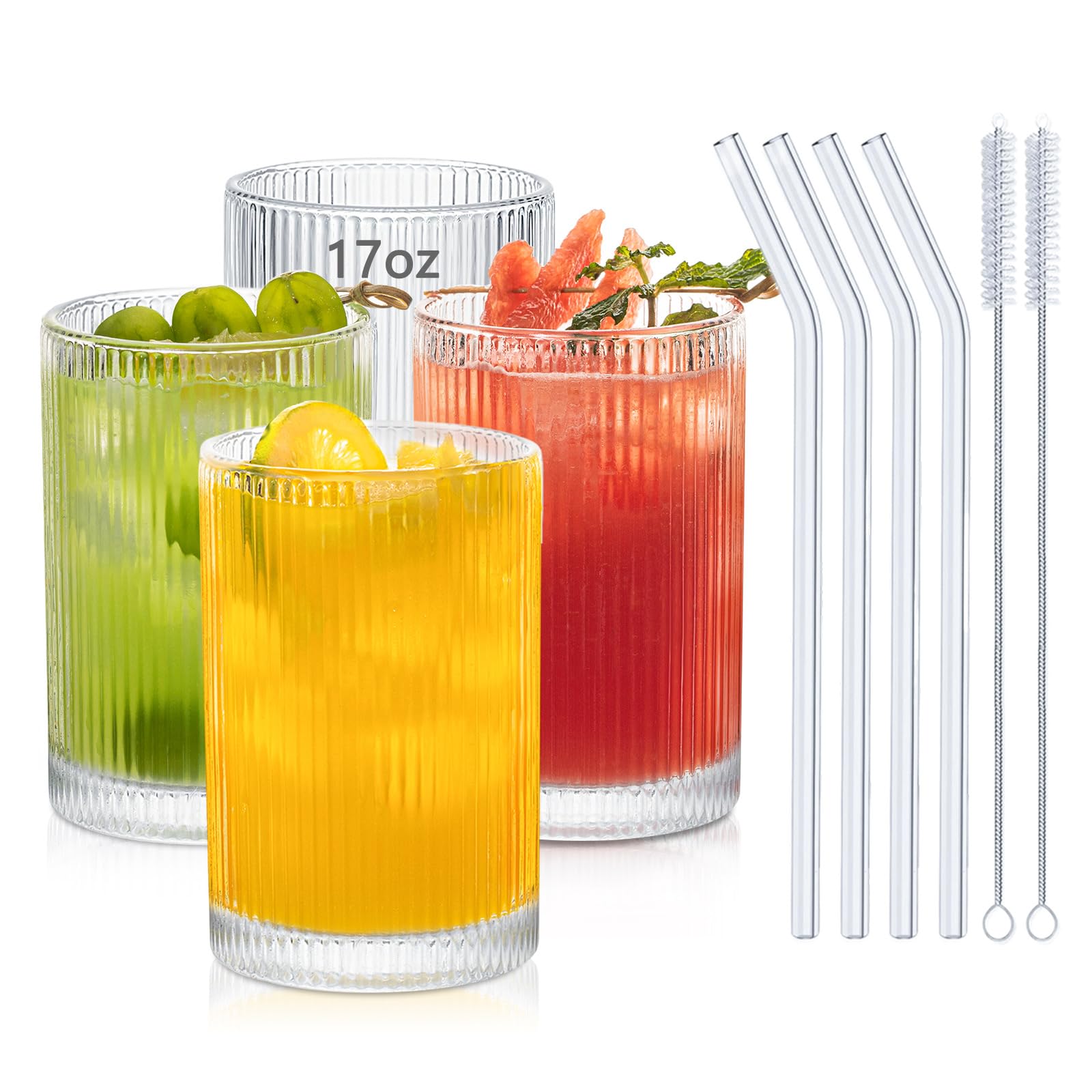 INSETLAN 500ml Drinking Glasses Set of 4,Origami Ribbed Cup Glassware with Straws, Transparent Cocktail Glasses Set, Bar Beverages Iced Coffee Cup Juice Ripple