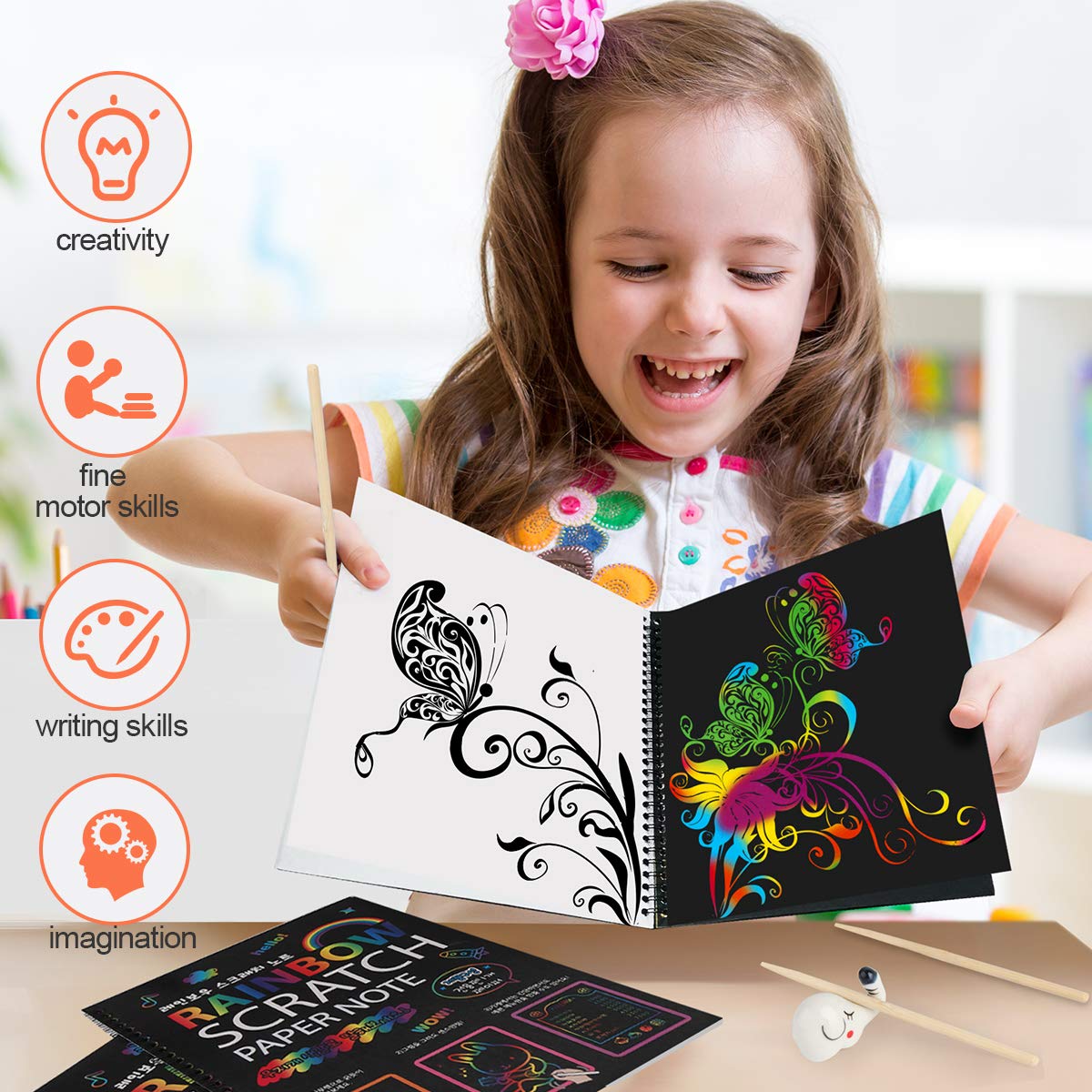 Mocoosy 3 Pack Rainbow Scratch Art Paper Notebooks, Spiral Bound Magic Scratch Book for Kids Arts Crafts Supplies, Black Scratch Note Sketch Pads Artist Drawing Activity Gifts for Boys Girls Ages 3-12