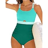 Qaoerde Girls Swimsuit One Piece Bathing Suit Color Block Waist Cutout Double Thin Shoulder Straps Swimwear 9-16Y