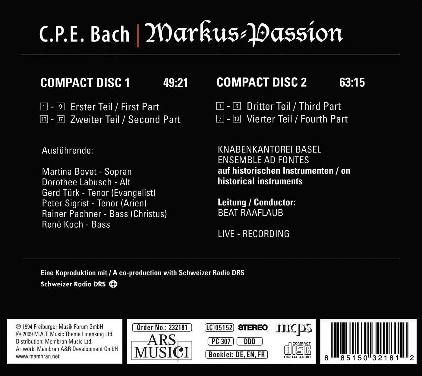 CPE Bach Beat Raaflaub Ensemble Ad Fontes Bovet Labusch Turk