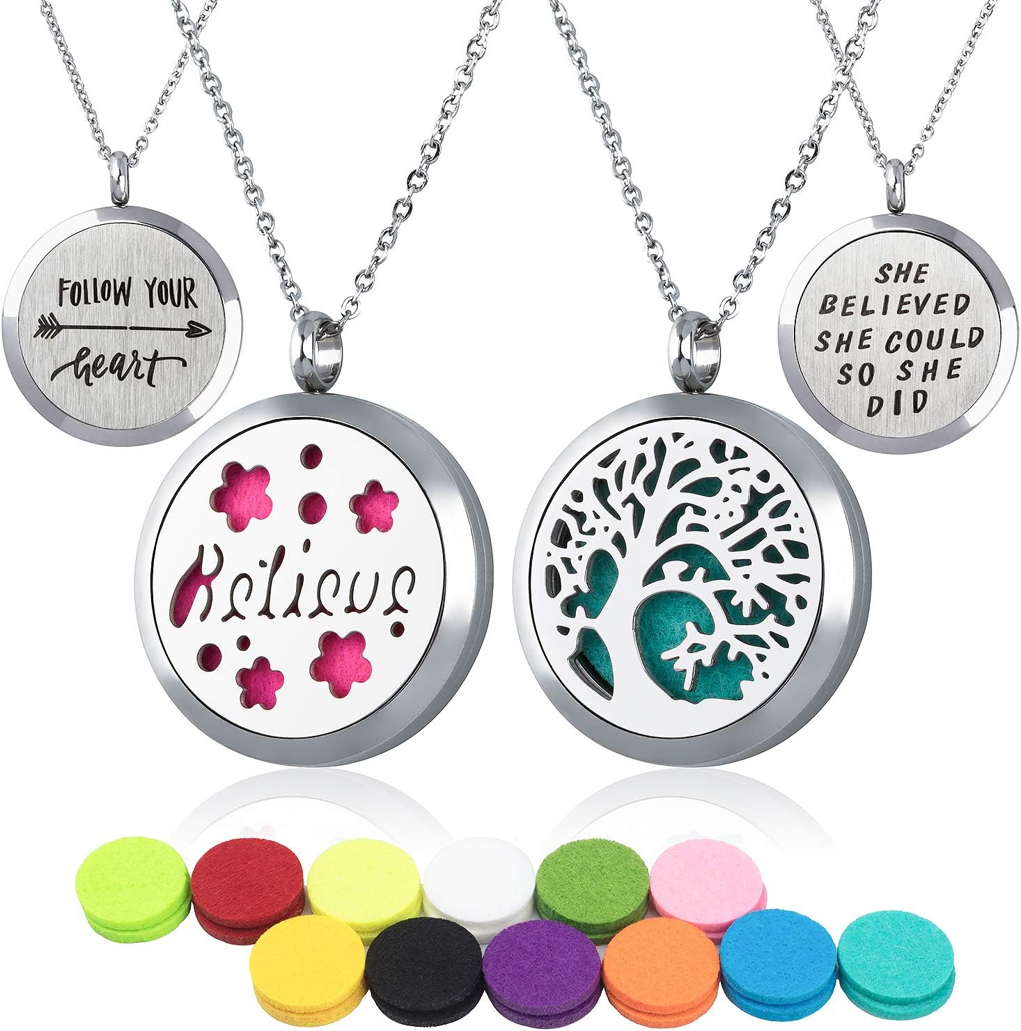 CLOSEUS 2PCS Aromatherapy Essential Oil Diffuser Necklace Engraved Necklace Inspirational Pendant Necklace Jewelry Set for Women Girl Life Tree Believe Locket Necklace with 36 Felt Pads 25.6'' Chain