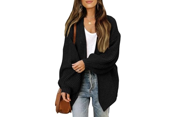 MEROKEETY Women's Open Front Long Lantern Sleeve Cardigan Oversized Chunky Outwear with Pocket