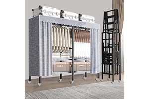 FKKPRVAX Heavy Duty Portable Closet with Cover Foldable Covered Clothes Rack for Hanging Clothes Armoire Wardrobe Closet System Freestanding Coat Storage Garment Racks (125cm/49.2in（Wheels）)
