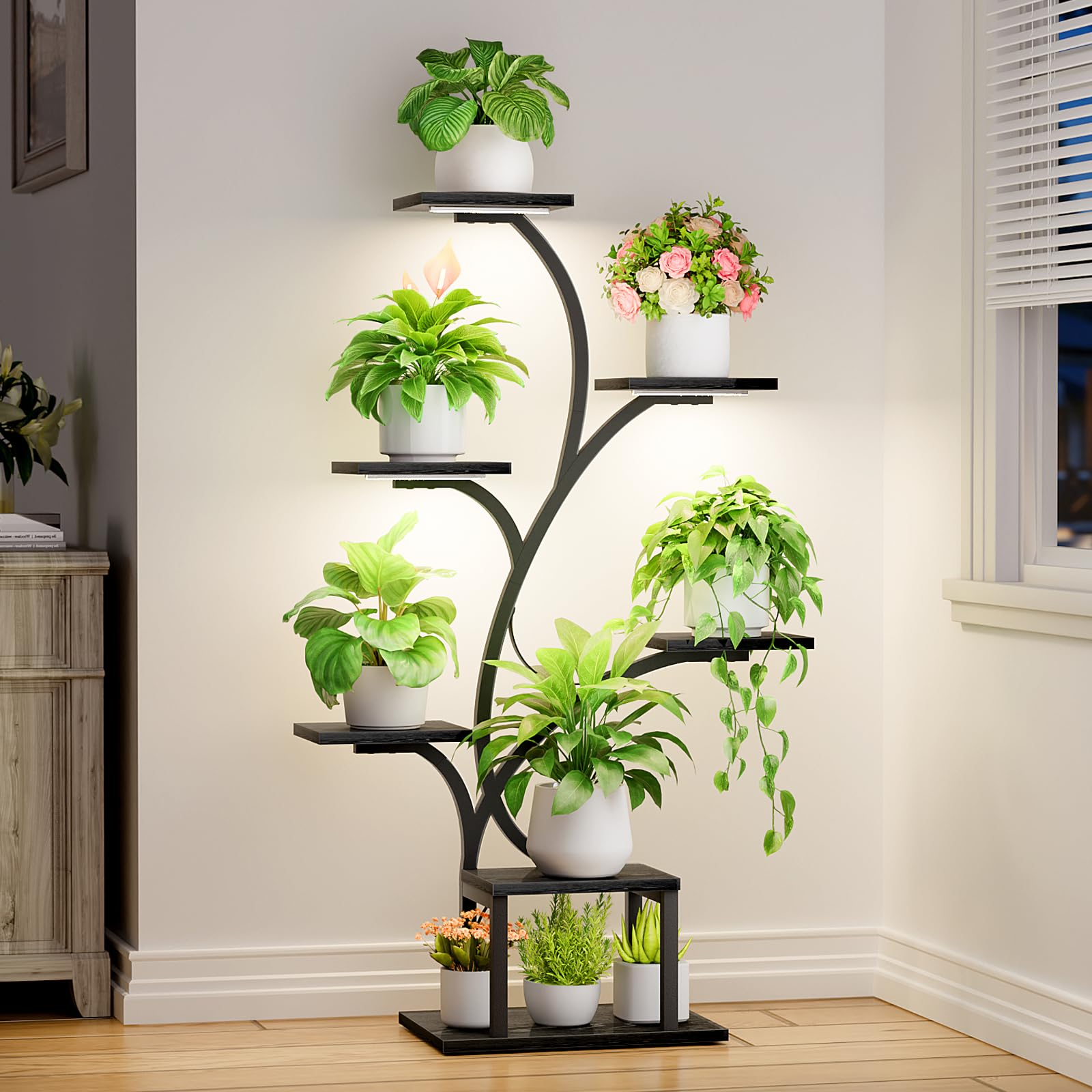BACEKOLL Plant Stand Indoor with Grow Lights, 7 Tiered Indoor Plant Shelf, 49" Corner Plant Stands for Indoor Plants, Metal Plant Flower Display Shelf, Tree-Shaped Plant Rack for Home, Black Image