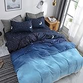 HYPREST Duvet Cover Queen Size, 3 Pcs Star Moon Galaxy Patterned Duvet Cover Set Kawaii Cute Bedding Sets Queen Soft Breathable