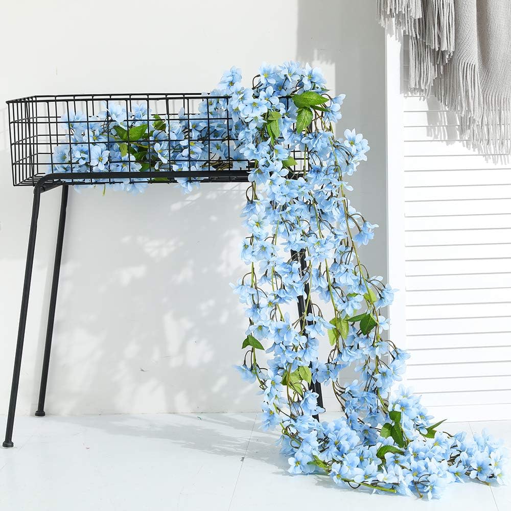 JUSTOYOU 2 x 5.7 ft Artificial Sakura Cherry Blossom Hanging Flowers Vine Fake Sakura Garland Home Garden Wedding Party Decoration (Blue) - Image 3