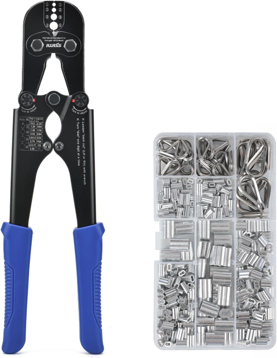 iCrimp Wire Rope Crimping Tool Kit with 330 Loop Sleeves and 45 Stainless Steel Thimbles, Built-in Cable Cutter, Heavy Duty Swager for Fishing, Cable Railing, Decking, and Outdoor Use