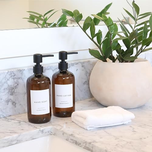 KIBAGA 2-Pack 21oz Amber Soap Dispenser Set – Hand Soap & Lotion Dispensers With Removable Labels, Funnel Included, For Bathroom Or Kitchen