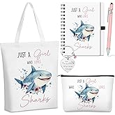 Ceenna 5 Pcs Shark Gifts for Women, Just a Girl Who Loves Shark Cosmetic Makeup Bag, Canvas Bag, A6 Spiral Notebook Lined Journal, Writing Gel Ink Pen and Funny Keychain for Girl Animal Lovers Gift