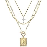 MJartoria Layered Initial Necklaces for Women Trendy, 14K Gold Plated Brass Simple Dainty Cross Choker Square Letter Pendant Necklace, Paperclip Chain Necklaces Jewelry