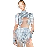 Youmeisha Women Rhinestone Sequin Fringes Sexy Dance Bodysuit Nightclub Birthday Party Leotard Stage Show Costume Outfits