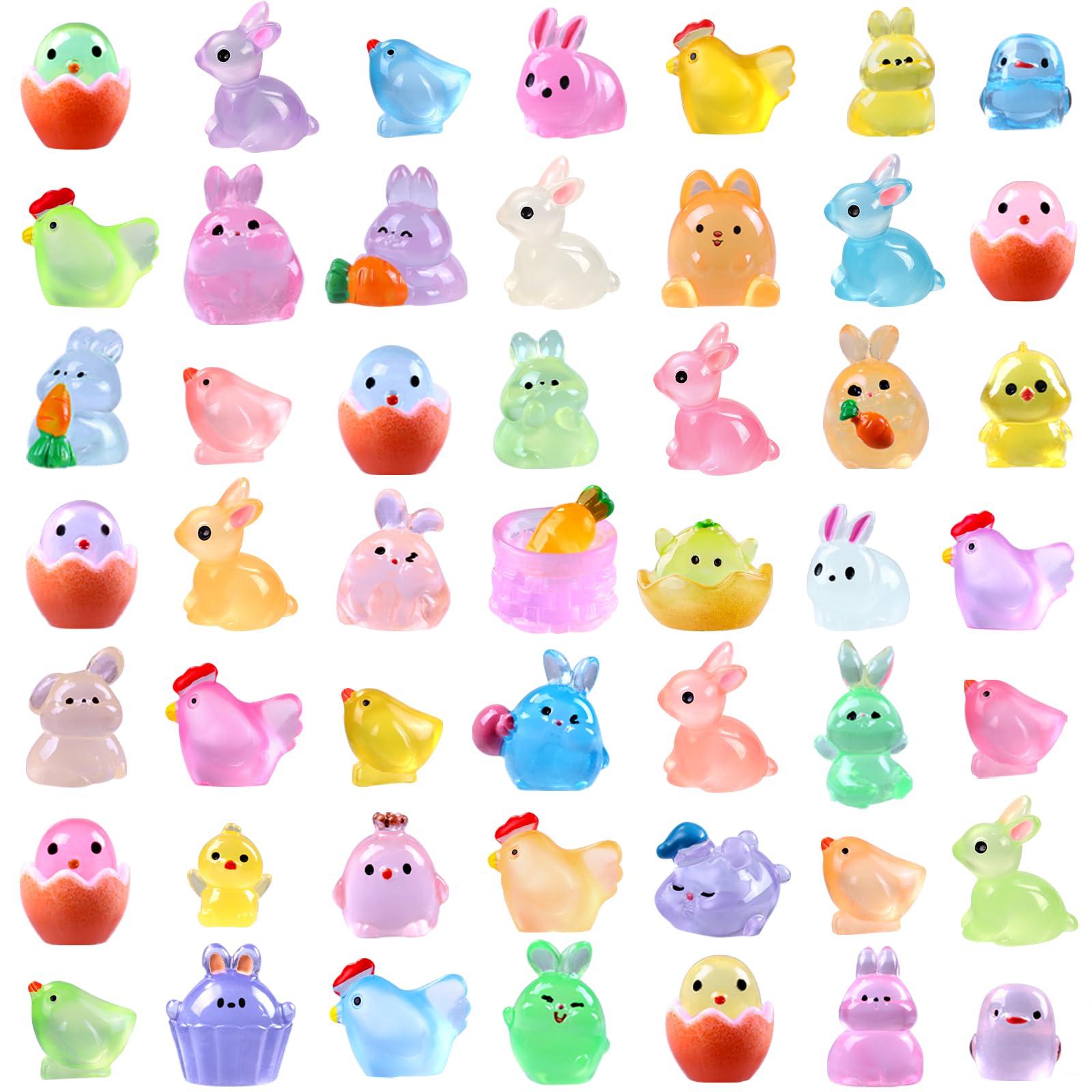 DULEFUN 50pcs Easter Luminous Mini Resin Figures, Little Small Easter Glow in The Dark Bunny Miniature Rabbit Chick Figurines for Dollhouse Micro Garden Landscape Decoration Egg Fillers Party Favors