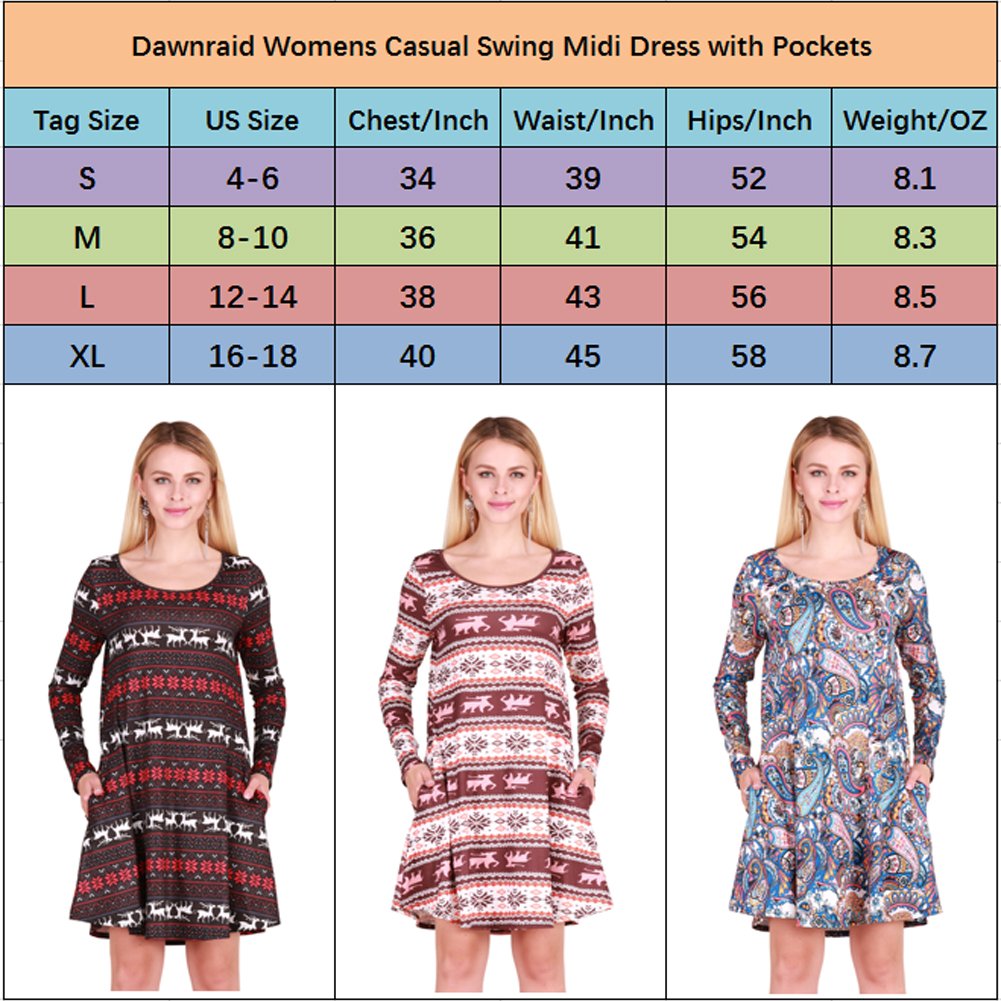 DawnRaid Womens Long Sleeve Midi Dress with Pockets Swing Midi Sweater Dresses Floral M