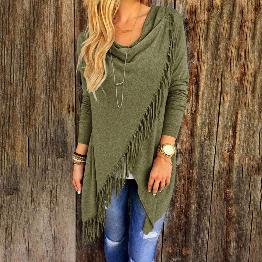 lazinem Women Classical Tassel Oblique Line Long Sleeve Tops Knits & Tees Army Green
