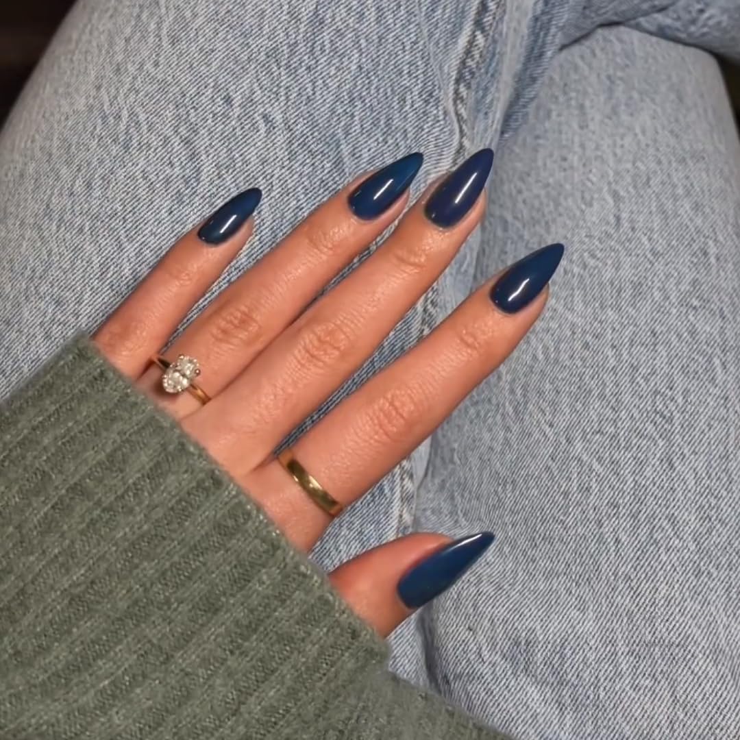 Photo 1 of KQueenest Deep Blue Press on Nails Short Almond,Glossy Press on Acrylic Nails Set,Solid Color Medium Fake Nails Set for Women Nails Art Manicure in 24 PCS
