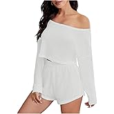 SweatyRocks Women's Off The Shoulder Waffle Knit Pajama Sets Crop Top and Shorts Lounge Set White Small