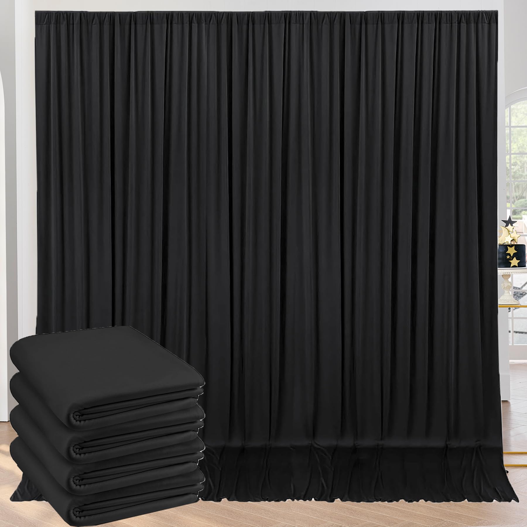 Photo 1 of 20ft x 10ft Wrinkle Free Black Backdrop Curtains for Parties, 4 Panels 5x10ft Silky Polyester Black Photo Backdrop Drapes for Wedding Graduation Birthday Party Photography Background