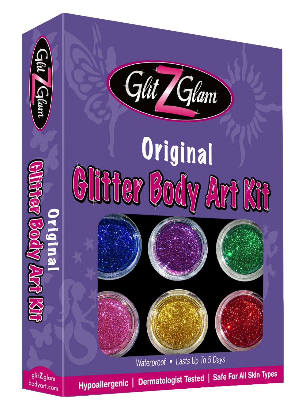 GlitZGlam Original Glitter Tattoo Kit and Temporary Tattoos - HYPOALLERGENIC and DERMATOLOGIST TESTED with 6 LARGE Glitters Pots, Large Body Adhesive, Large Stencils & 2 Cosmetic Brushes