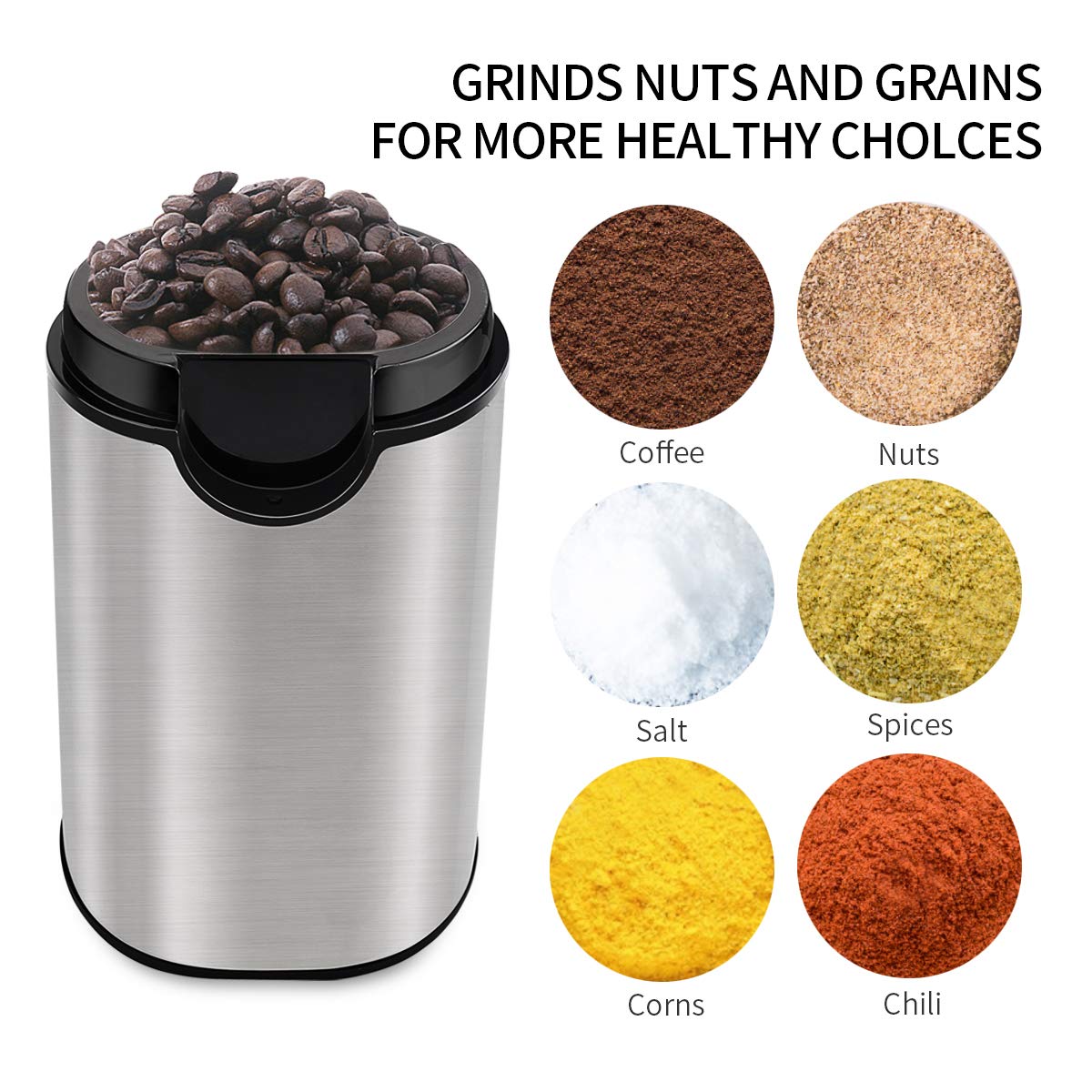 Electric Coffee Grinder with 304 Stainless Steel Blades for Coffee Beans, Nuts, Herbs, Grains Spices - Silver