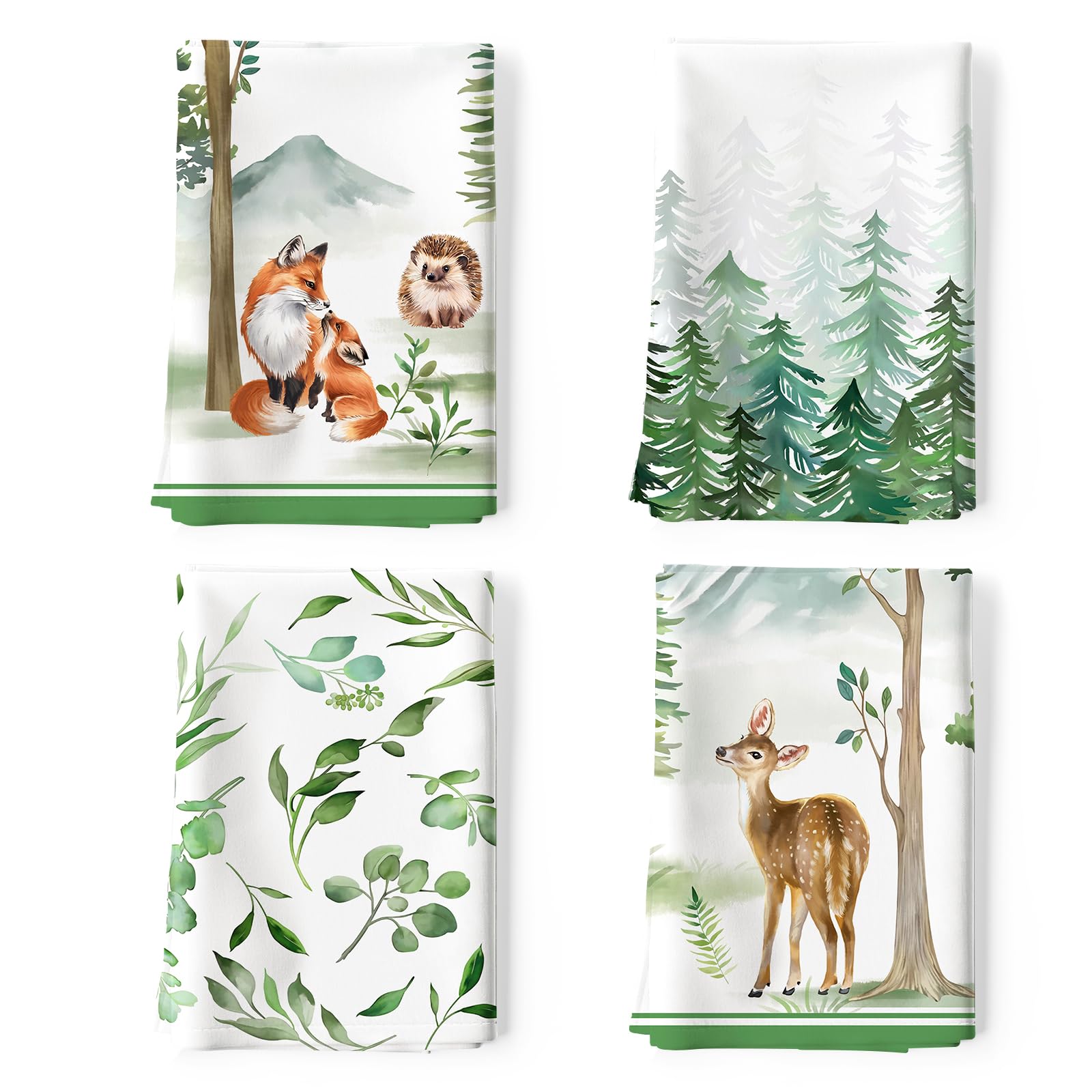 Arquiel Forest Animal 100% Cotton Kitchen Towel Set 48 x 70CM, Multi-Purpose Quick Dry Dish Towels Dishcloths Hand Towels Bar Towels (Set of 4)