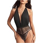 OYOANGLE Women's Deep V Neck Sleeveless Bodysuit Criss Cross Backless Lace Tank Top Bodysuits