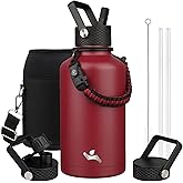 Konokyo Half Gallon Insulated Water Bottle with Straw,64 oz 3 Lids Water Jug with Carrying Bag,Paracord Handle,Double Wall Vacuum Stainless Steel Metal Flask,Dark Red