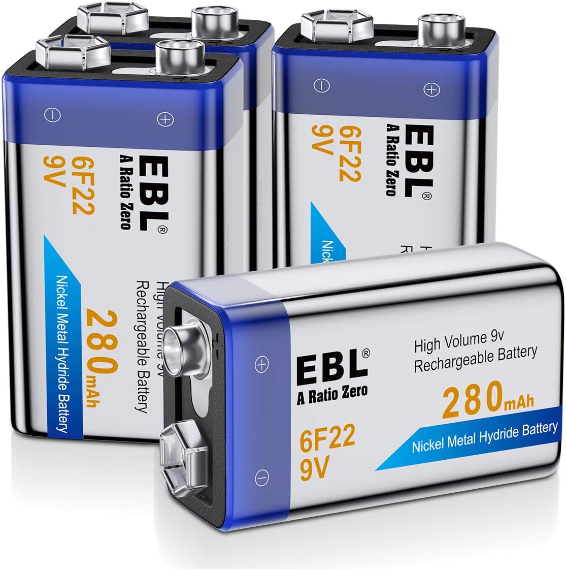 EBL 9V Rechargeable Battery, 280mAh Ni-MH PP3 6F22 Rechargeable Batteries (4 Counts), 4 9V 280mAh Batteries