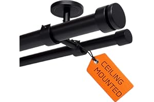 A KEY TECH Ceiling Mounted Double Curtain Rod, Heavy Duty Black Double Curtain Rod, Drapery Holder with Three Ceiling Mount Brackets and Installation Hardware Included (Matte Black, 48-84")
