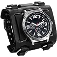 JewelryWe Black Brown Hip-hop Gothic Punk Style Men Watch Wide Leather Fashion Cuff Wristwatch for Valentines Day