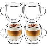 Cappuccino Glass Mugs, Set of 4 Double Walled Espresso Mug Cups Glass Mug Set, Insulated Drinking Glass Coffee Cups with Hand