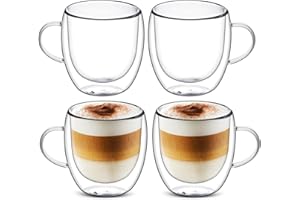 Cappuccino Glass Mugs, Set of 4 Double Walled Espresso Mug Cups Glass Mug Set, Insulated Drinking Glass Coffee Cups with Hand