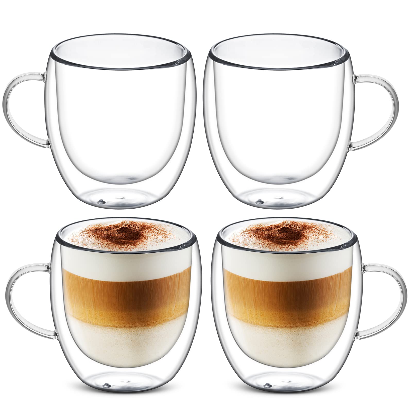 Set of 4 Double Walled Glass Mug Set, Double Walled Insulated Drinking Glass Coffee Mugs with Handle, Insulated Layer Coffee Cups, Clear Glass Mugs for Latte, Cappuccinos, Tea Bag, Juice (250ml)