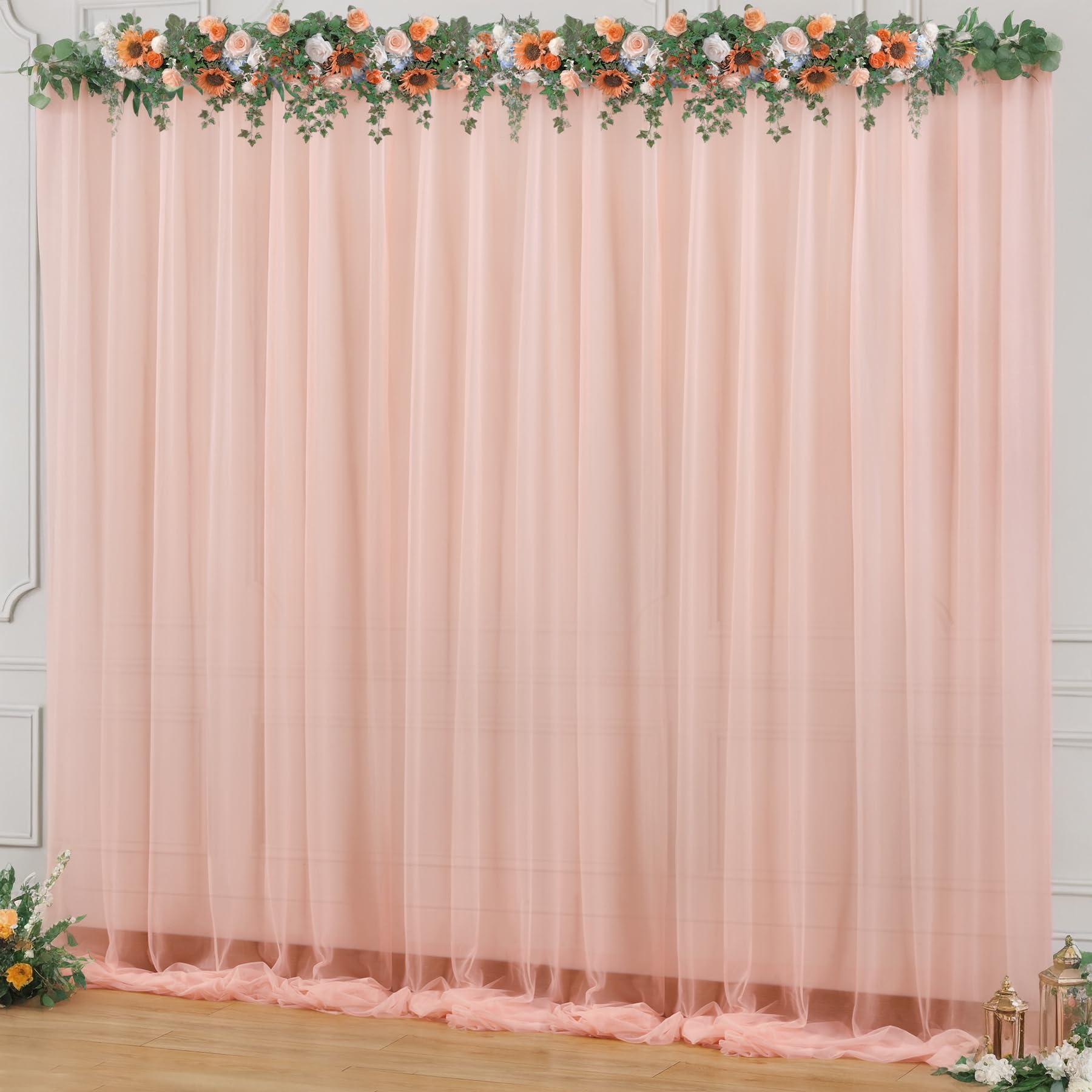 Photo 1 of 10x10ft Peach Tulle Backdrop Curtain for Parites, Sheer Backdrop Curtains for Wedding Baby Shower Birthday Party Photo Shoot Decorations