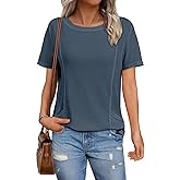 BLENCOT Women's Short Sleeve Shirt Top for Women Trendy Crew Neck Blouse Basic Waffle Tshirts Tunic with Pocket
