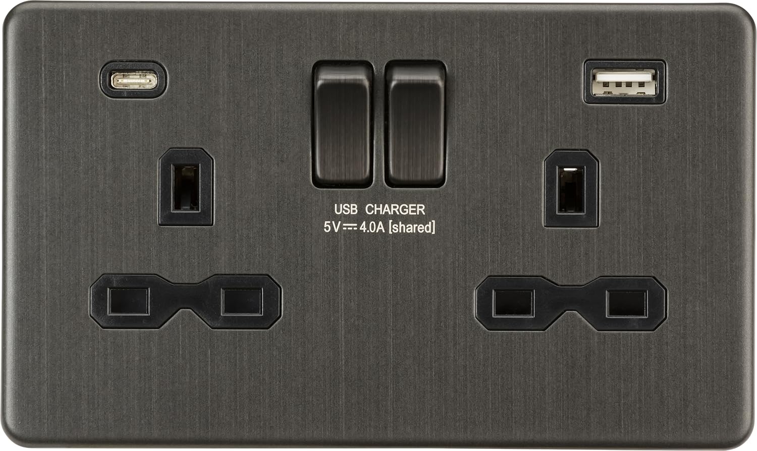 13A 2G SP Switched Socket with Dual USB A+C (5V DC 4.0A shared) - Smoked Bronze with Black Insert