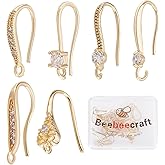 Beebeecraft 24Pcs 6 Style Cubic Zirconia Earring Hooks 18K Gold Plated Ear Wire Fish Hooks with Loop for DIY Earring Jewelry Making 15~18mm Long
