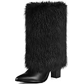 QLR Womens 3.3-inch Chunky Mid Calf Fur Heel Boots Furry Fuzzy Fluffy Pointed Toe Boots for Women Short Wide Calf Fall Winter Snow Fold Over Boot with Side Zipper