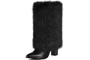 QLR Womens 3.3-inch Chunky Mid Calf Fur Heel Boots Furry Fuzzy Fluffy Pointed Toe Boots for Women Short Wide Calf Fall Winter Snow Fold Over Boot with Side Zipper