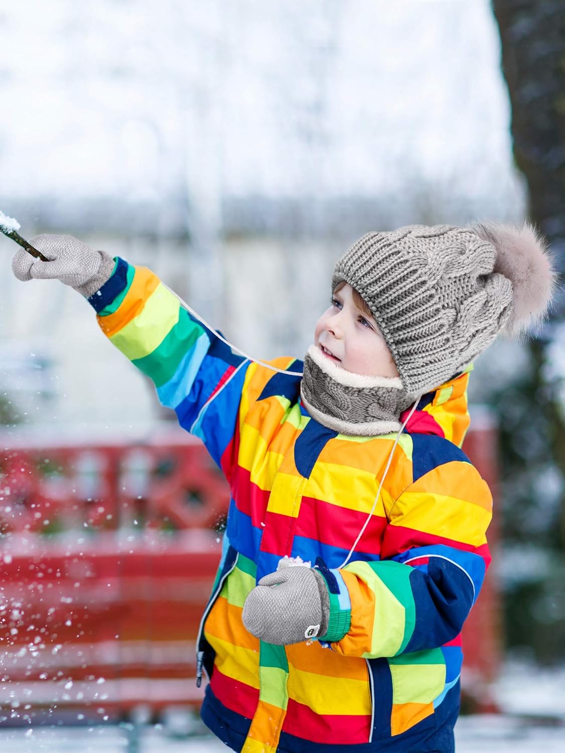 Winter Kids Hat Scarf Gloves Set Beanie Hat Thick Scarf Knit Mittens Warm Lining (Gray): Clothing