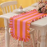 HunnmingRe Ruffle Edge Striped Table Runner, 118x15.7 Inch, Pink Orange | Scalloped Table Cover, Farmhouse Linen-Cotton Blend, Tabletop Decor for Home, Kitchen, Dinner, Wedding, Bridal Shower Party