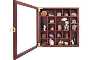 FramePro Rock Display Case - Adjustable Mineral Collection Box with Glass Lid, Wooden Cabinet for Rock, Fossil, Crystal, Seashell Collections - Geology Gift for Adults/Kids (13.5" x 13.5", Cherry)