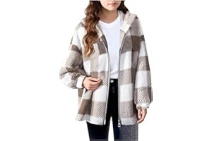 Girls Fleece Jacket Plaid Fuzzy Sherpa Shackets Zip Up Hooded Sweatshirt Warm Winter Coat Kids Cozy Plush Outwear
